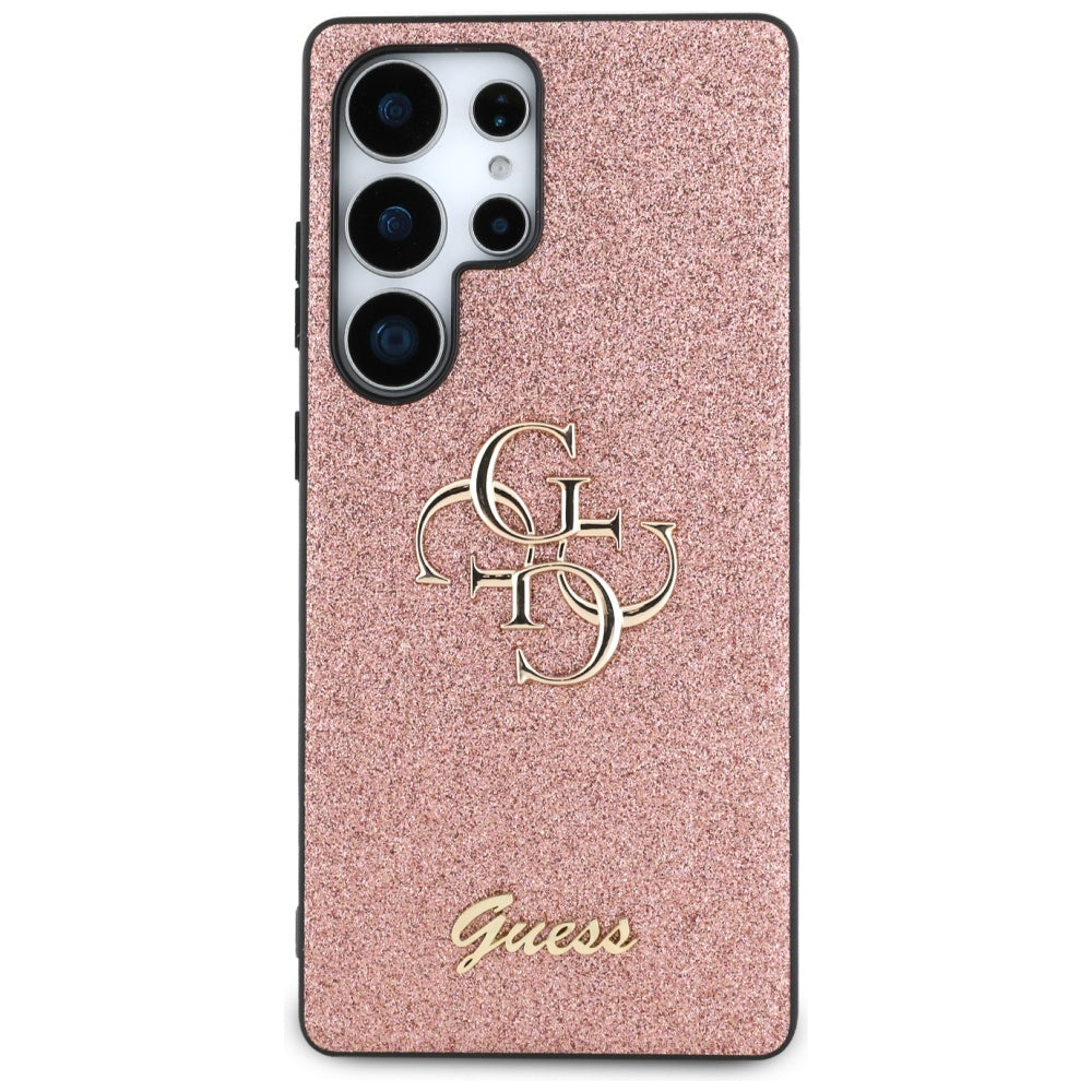Guess Fixed Glitter Big 4G Metal Logo dėklas, skirtas Samsung Galaxy S25 Ultra, rožinis -- Samsung Galaxy S25 Ultra