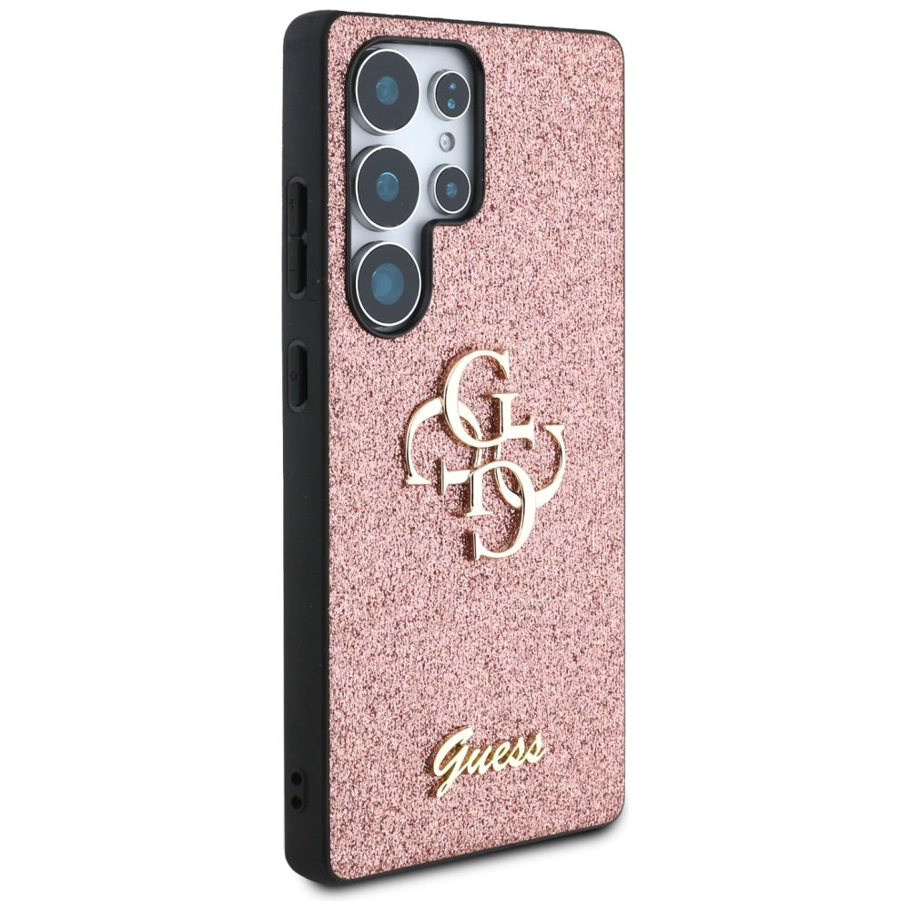 Guess Fixed Glitter Big 4G Metal Logo dėklas, skirtas Samsung Galaxy S25 Ultra, rožinis -- Samsung Galaxy S25 Ultra