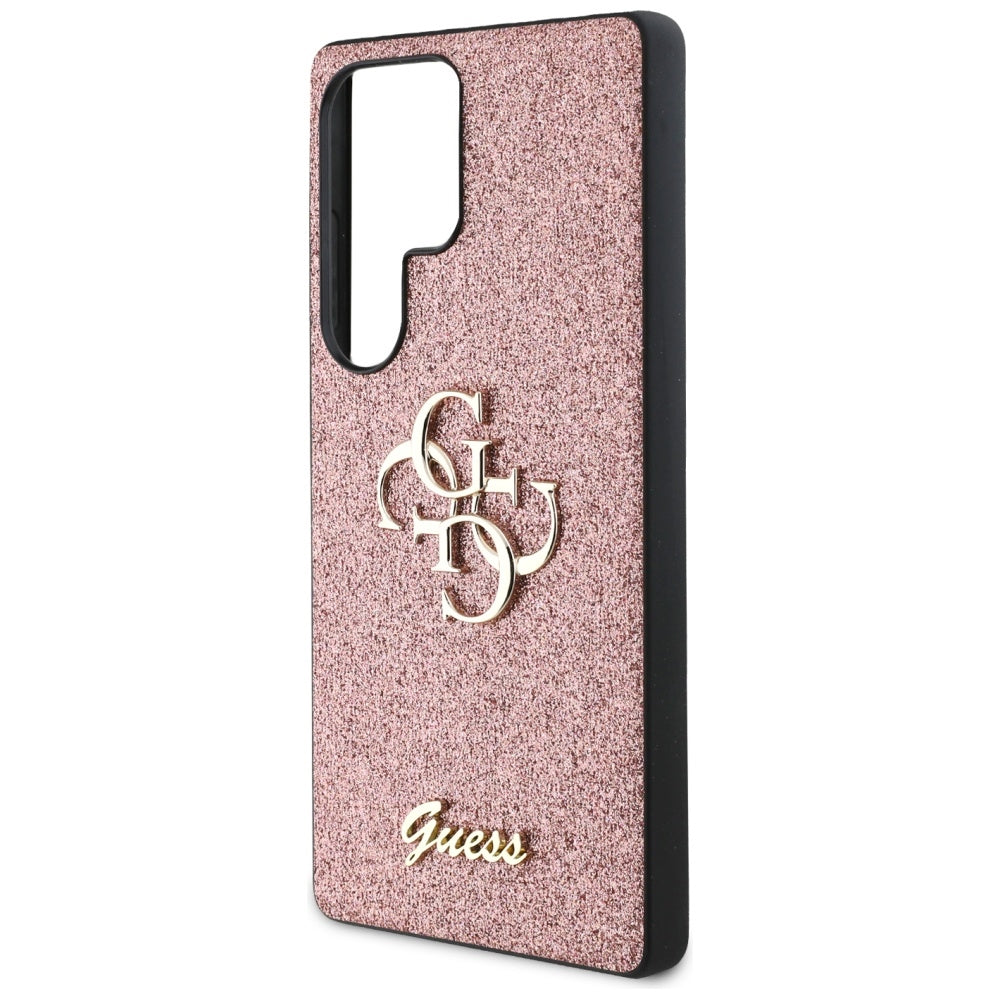 Guess Fixed Glitter Big 4G Metal Logo dėklas, skirtas Samsung Galaxy S25 Ultra, rožinis -- Samsung Galaxy S25 Ultra
