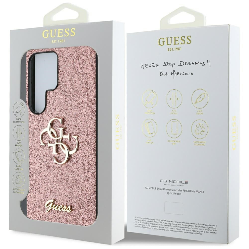 Guess Fixed Glitter Big 4G Metal Logo dėklas, skirtas Samsung Galaxy S25 Ultra, rožinis -- Samsung Galaxy S25 Ultra
