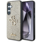Guess blizgantis dėklas Samsung Galaxy S25 – auksinis