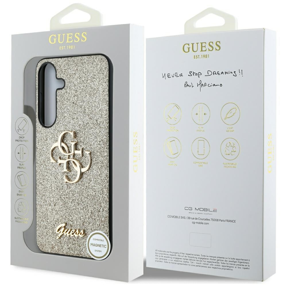 Guess blizgantis dėklas Samsung Galaxy S25 – auksinis