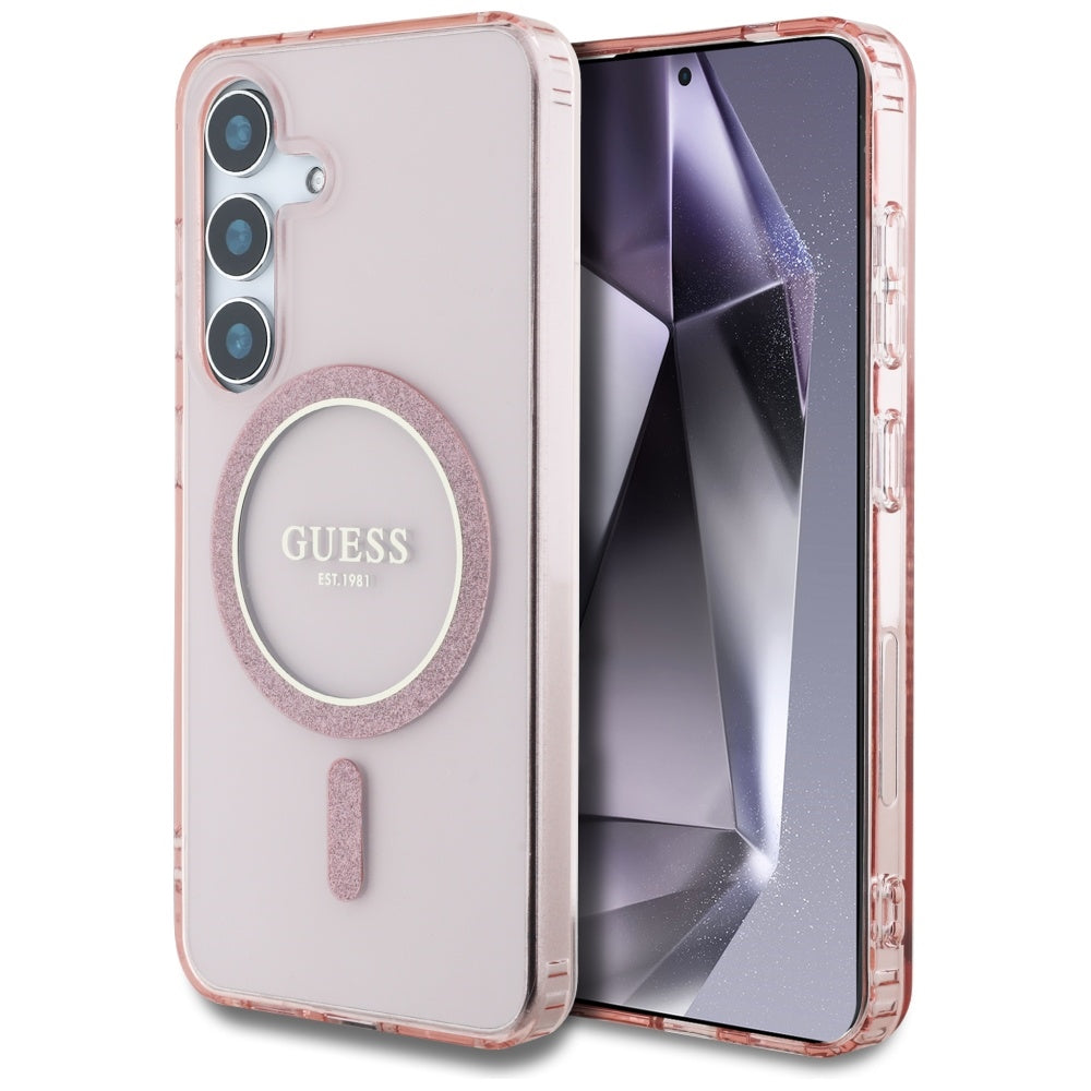 Guess Glitter Circle Classic Logo MagSafe Dėklas, skirtas Samsung Galaxy S25 Rožinis