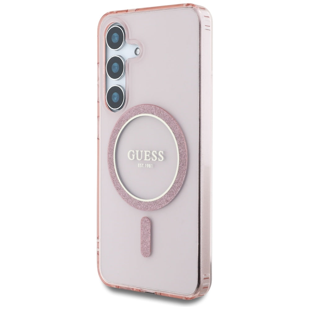 Guess Glitter Circle Classic Logo MagSafe Dėklas, skirtas Samsung Galaxy S25 Rožinis