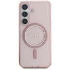 Guess Glitter Circle Classic Logo MagSafe Dėklas, skirtas Samsung Galaxy S25 Rožinis