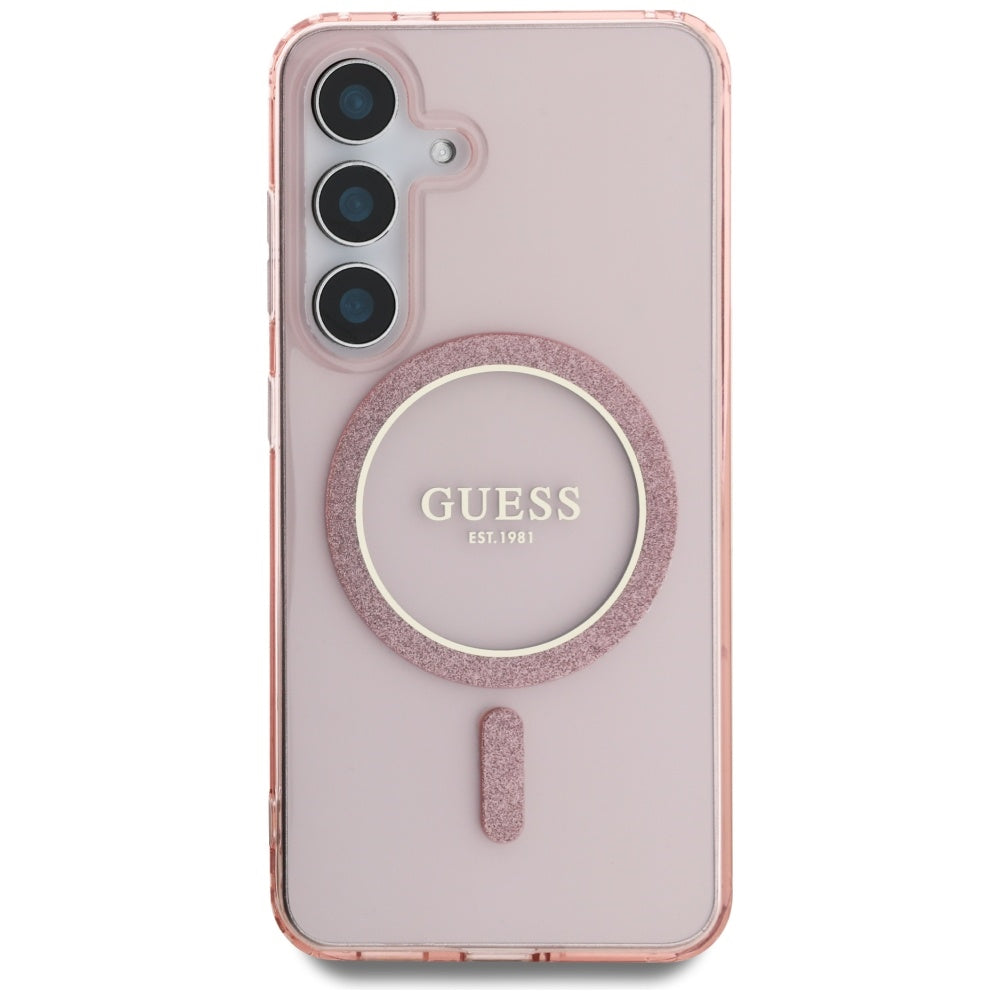 Guess Glitter Circle Classic Logo MagSafe Dėklas, skirtas Samsung Galaxy S25 Rožinis