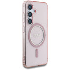 Guess Glitter Circle Classic Logo MagSafe Dėklas, skirtas Samsung Galaxy S25 Rožinis