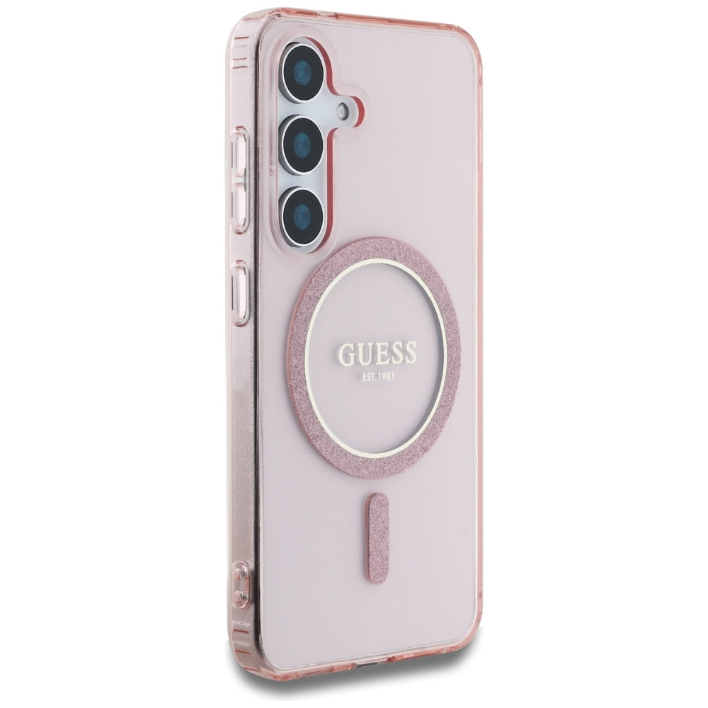 Guess Glitter Circle Classic Logo MagSafe Dėklas, skirtas Samsung Galaxy S25 Rožinis