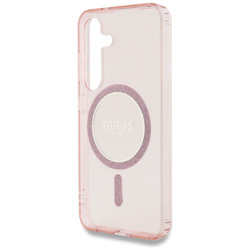 Guess Glitter Circle Classic Logo MagSafe Dėklas, skirtas Samsung Galaxy S25 Rožinis