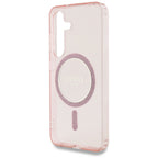 Guess Glitter Circle Classic Logo MagSafe Dėklas, skirtas Samsung Galaxy S25 Rožinis