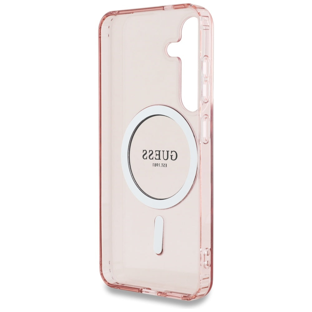 Guess Glitter Circle Classic Logo MagSafe Dėklas, skirtas Samsung Galaxy S25 Rožinis