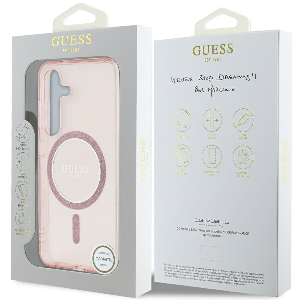 Guess Glitter Circle Classic Logo MagSafe Dėklas, skirtas Samsung Galaxy S25 Rožinis