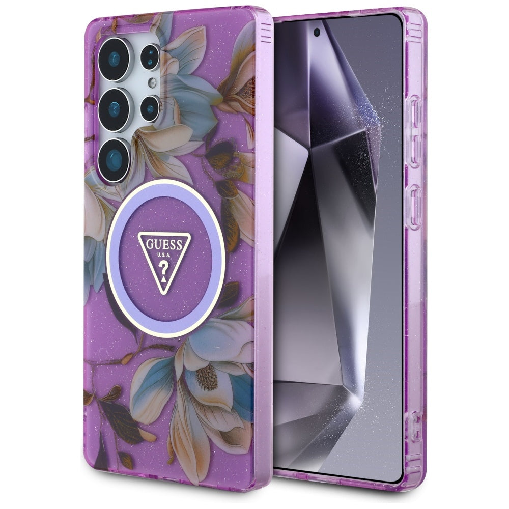 Guess Glitter Flowers Triangle Buttons MagSafe dėkliukas skirtas Samsung Galaxy S25 Ultra - violetinė -- Samsung Galaxy...