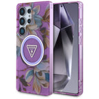 Guess Glitter Flowers Triangle Buttons MagSafe dėkliukas skirtas Samsung Galaxy S25 Ultra - violetinė -- Samsung Galaxy...