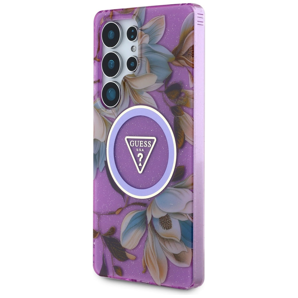 Guess Glitter Flowers Triangle Buttons MagSafe dėkliukas skirtas Samsung Galaxy S25 Ultra - violetinė -- Samsung Galaxy...