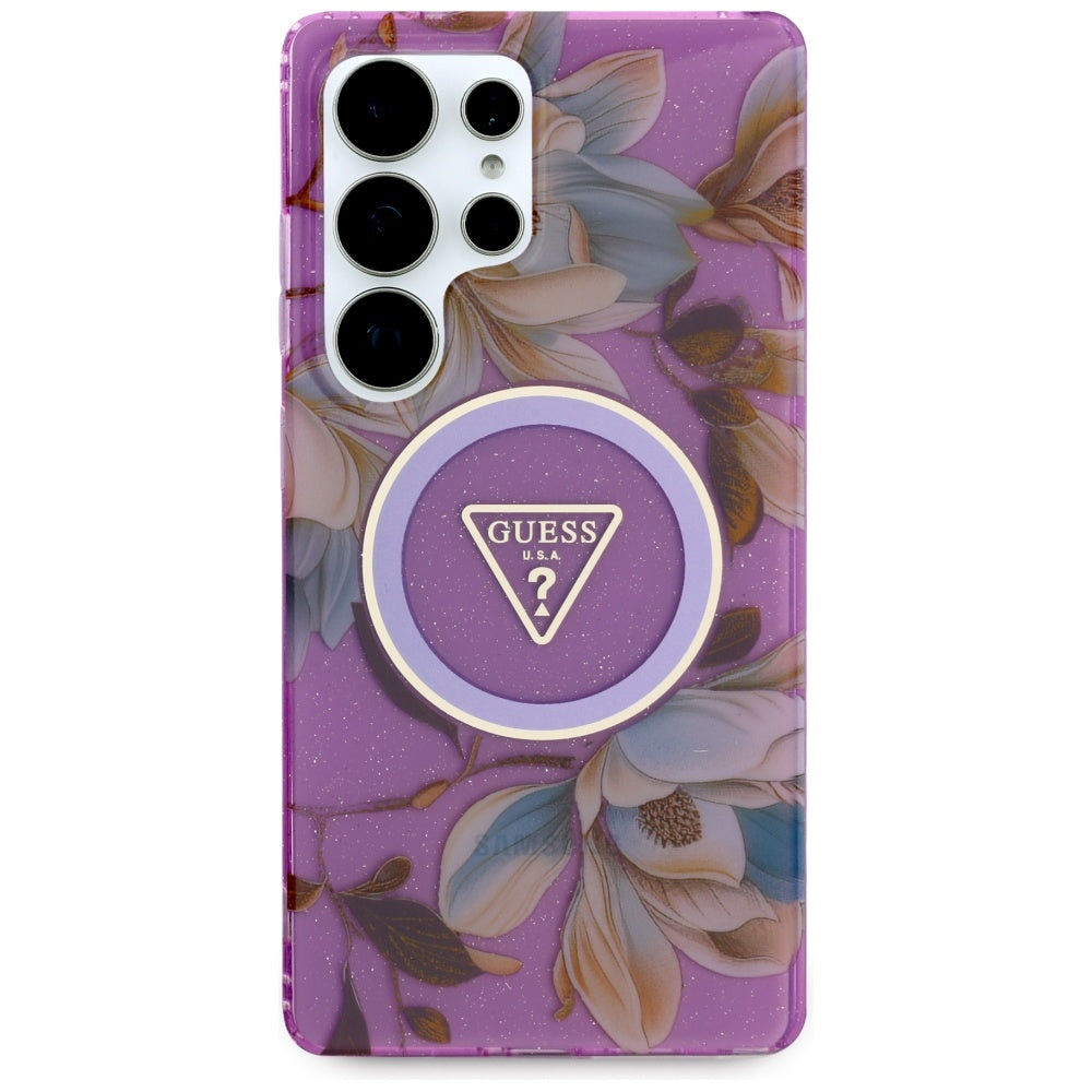 Guess Glitter Flowers Triangle Buttons MagSafe dėkliukas skirtas Samsung Galaxy S25 Ultra - violetinė -- Samsung Galaxy...