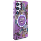 Guess Glitter Flowers Triangle Buttons MagSafe dėkliukas skirtas Samsung Galaxy S25 Ultra - violetinė -- Samsung Galaxy...