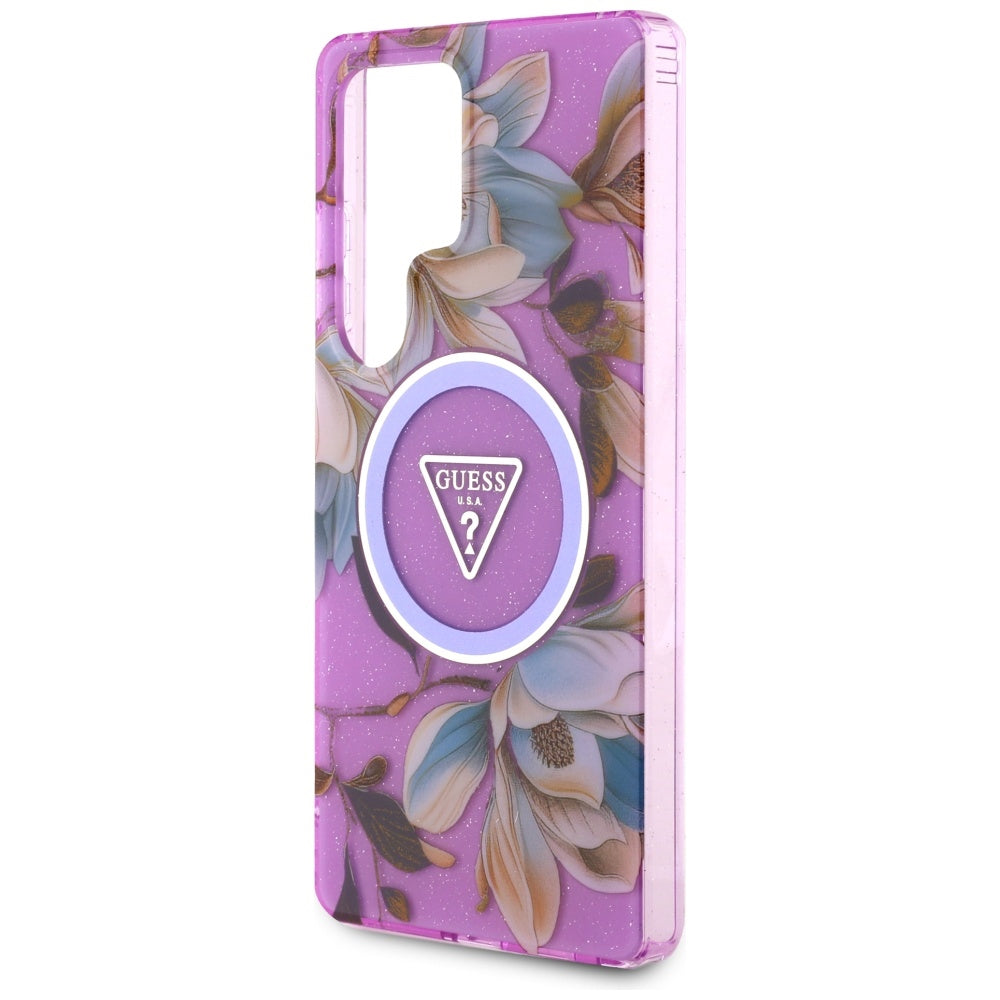 Guess Glitter Flowers Triangle Buttons MagSafe dėkliukas skirtas Samsung Galaxy S25 Ultra - violetinė -- Samsung Galaxy...