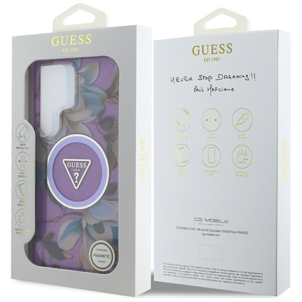 Guess Glitter Flowers Triangle Buttons MagSafe dėkliukas skirtas Samsung Galaxy S25 Ultra - violetinė -- Samsung Galaxy...
