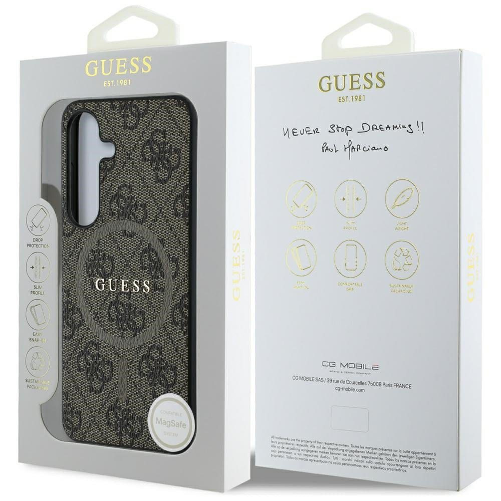 Guess odinis MagSafe dėklas Samsung Galaxy S25 – rudas