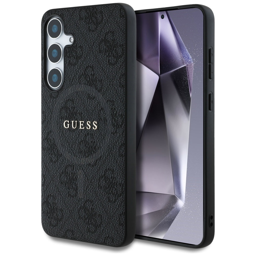 Guess Leather 4G Colored Ring Classic Logo MagSafe Samsung Galaxy S25 dėklas juodas -- Samsung Galaxy S25