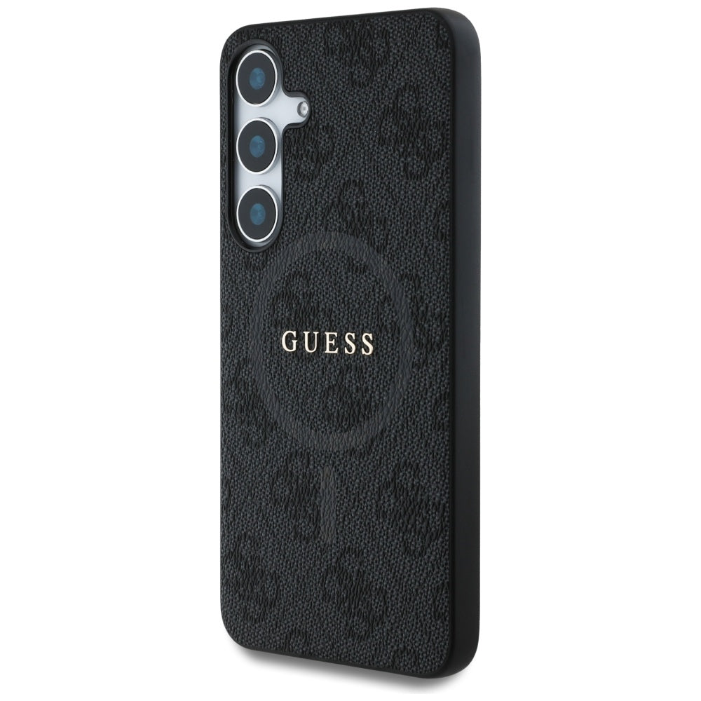 Guess Leather 4G Colored Ring Classic Logo MagSafe Samsung Galaxy S25 dėklas juodas -- Samsung Galaxy S25