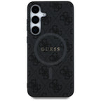 Guess Leather 4G Colored Ring Classic Logo MagSafe Samsung Galaxy S25 dėklas juodas -- Samsung Galaxy S25