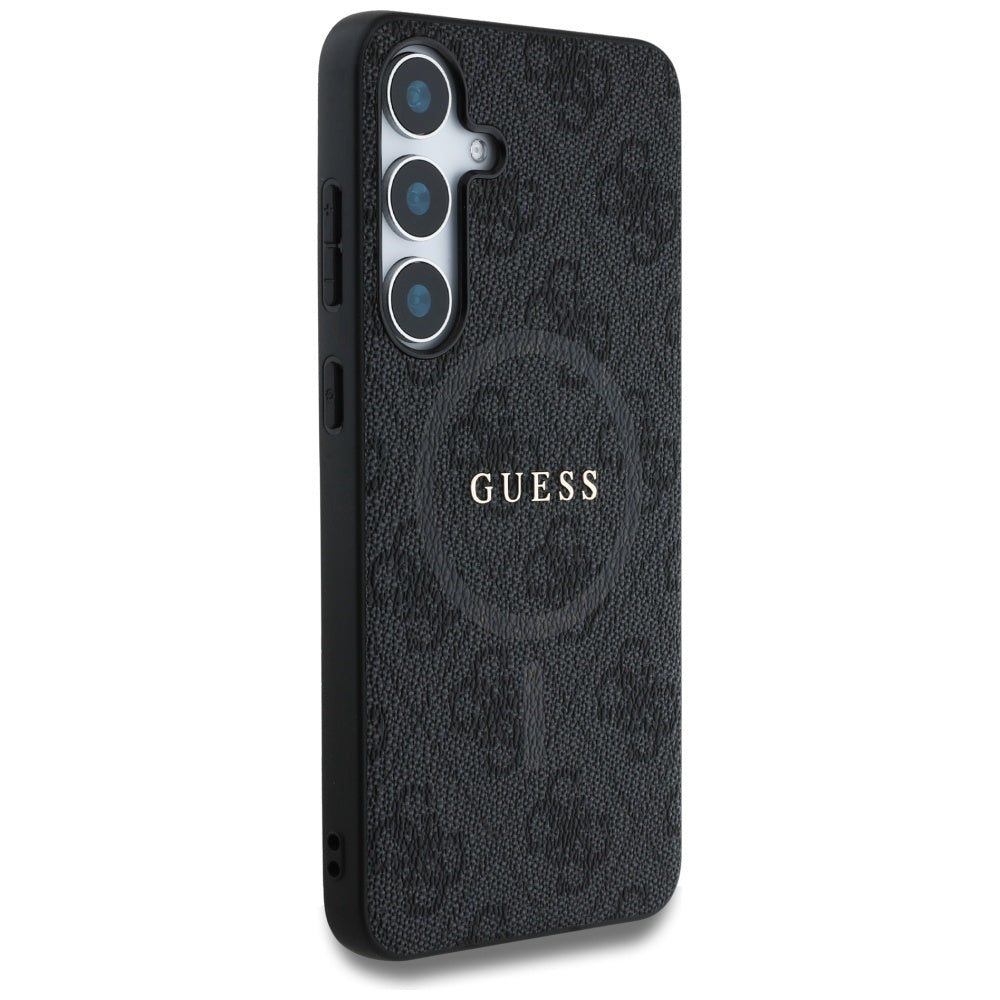 Guess Leather 4G Colored Ring Classic Logo MagSafe Samsung Galaxy S25 dėklas juodas -- Samsung Galaxy S25