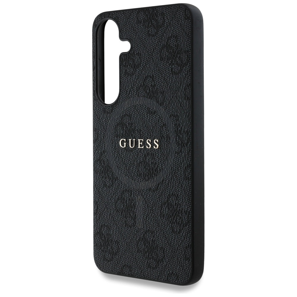 Guess Leather 4G Colored Ring Classic Logo MagSafe Samsung Galaxy S25 dėklas juodas -- Samsung Galaxy S25