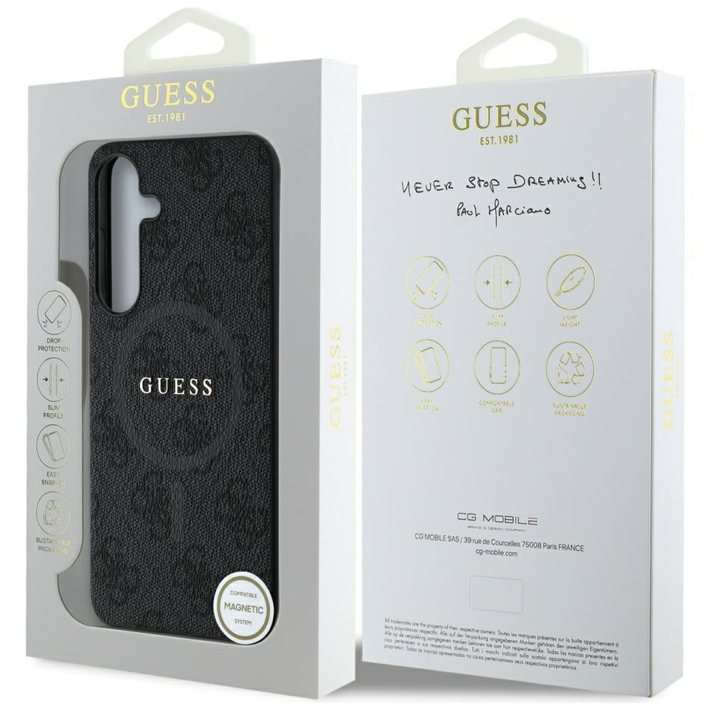 Guess Leather 4G Colored Ring Classic Logo MagSafe Samsung Galaxy S25 dėklas juodas -- Samsung Galaxy S25