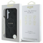 Guess Leather 4G Colored Ring Classic Logo MagSafe Samsung Galaxy S25 dėklas juodas -- Samsung Galaxy S25