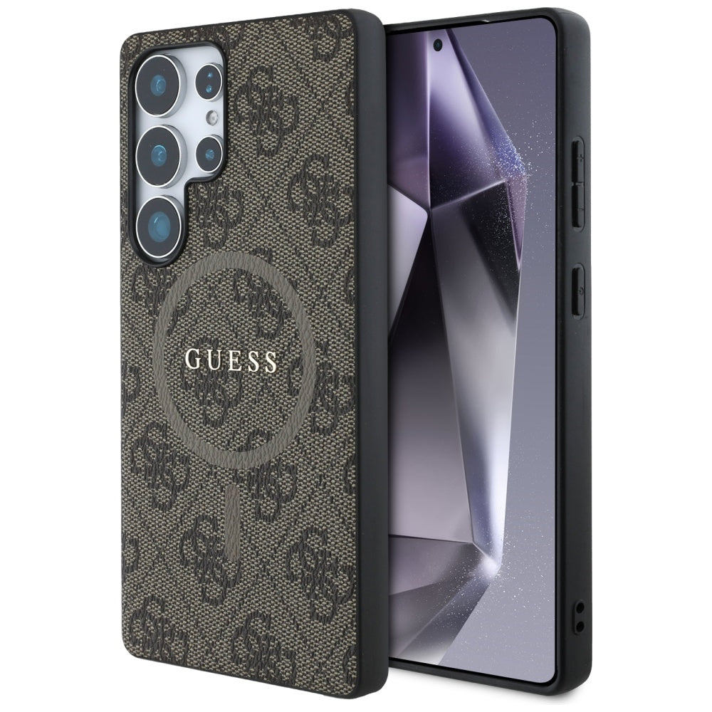 Guess Leather 4G Colored Ring Classic Logo MagSafe dėklas, skirtas Samsung Galaxy S25 Ultra, rudas -- Samsung Galaxy S25...