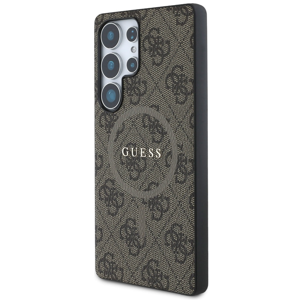 Guess Leather 4G Colored Ring Classic Logo MagSafe dėklas, skirtas Samsung Galaxy S25 Ultra, rudas -- Samsung Galaxy S25...