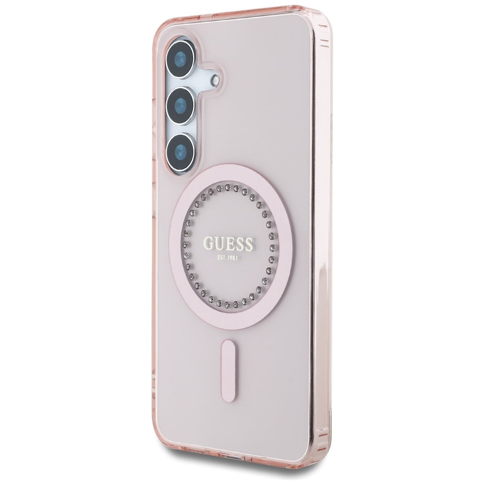 Guess MagSafe dėklas Galaxy S25 – rožinis su cirkoniais