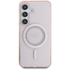 Guess MagSafe dėklas Galaxy S25 – rožinis su cirkoniais