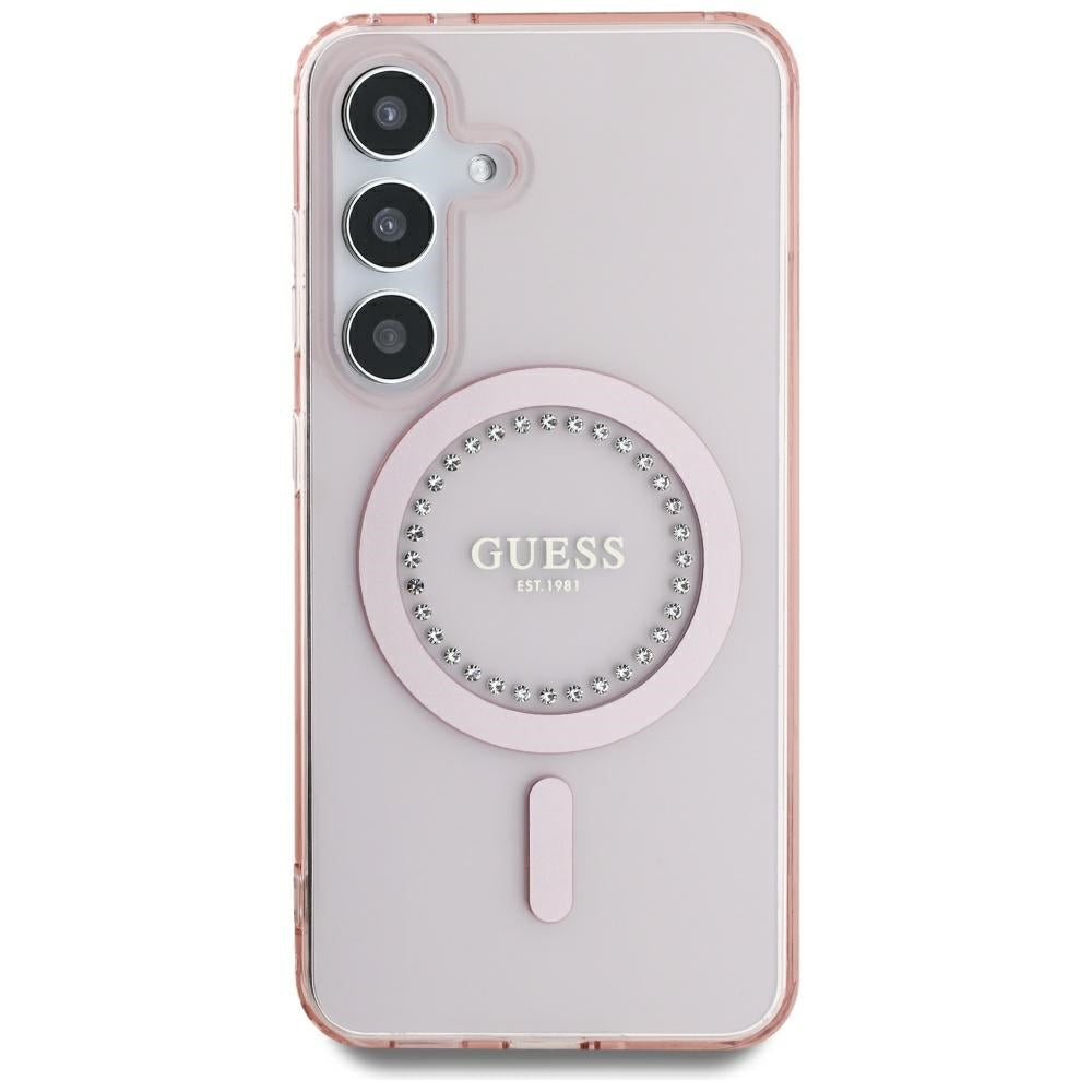 Guess MagSafe dėklas Galaxy S25 – rožinis su cirkoniais