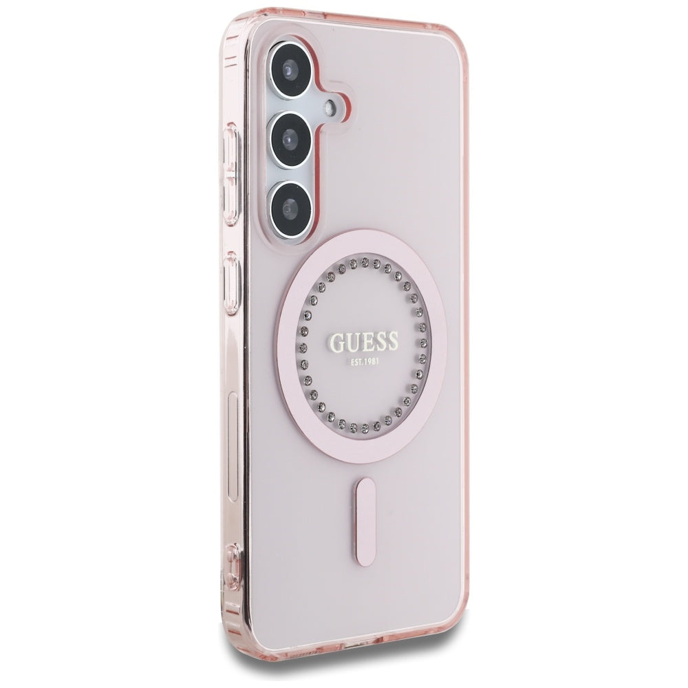Guess MagSafe dėklas Galaxy S25 – rožinis su cirkoniais