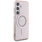 Guess MagSafe dėklas Galaxy S25 – rožinis su cirkoniais