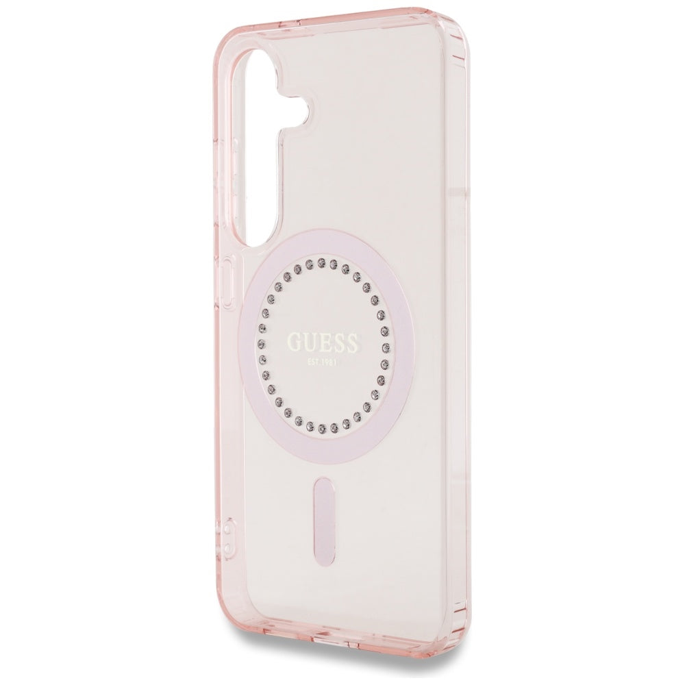 Guess MagSafe dėklas Galaxy S25 – rožinis su cirkoniais