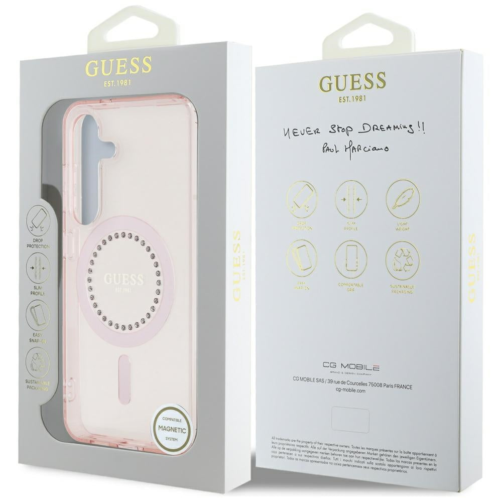 Guess MagSafe dėklas Galaxy S25 – rožinis su cirkoniais