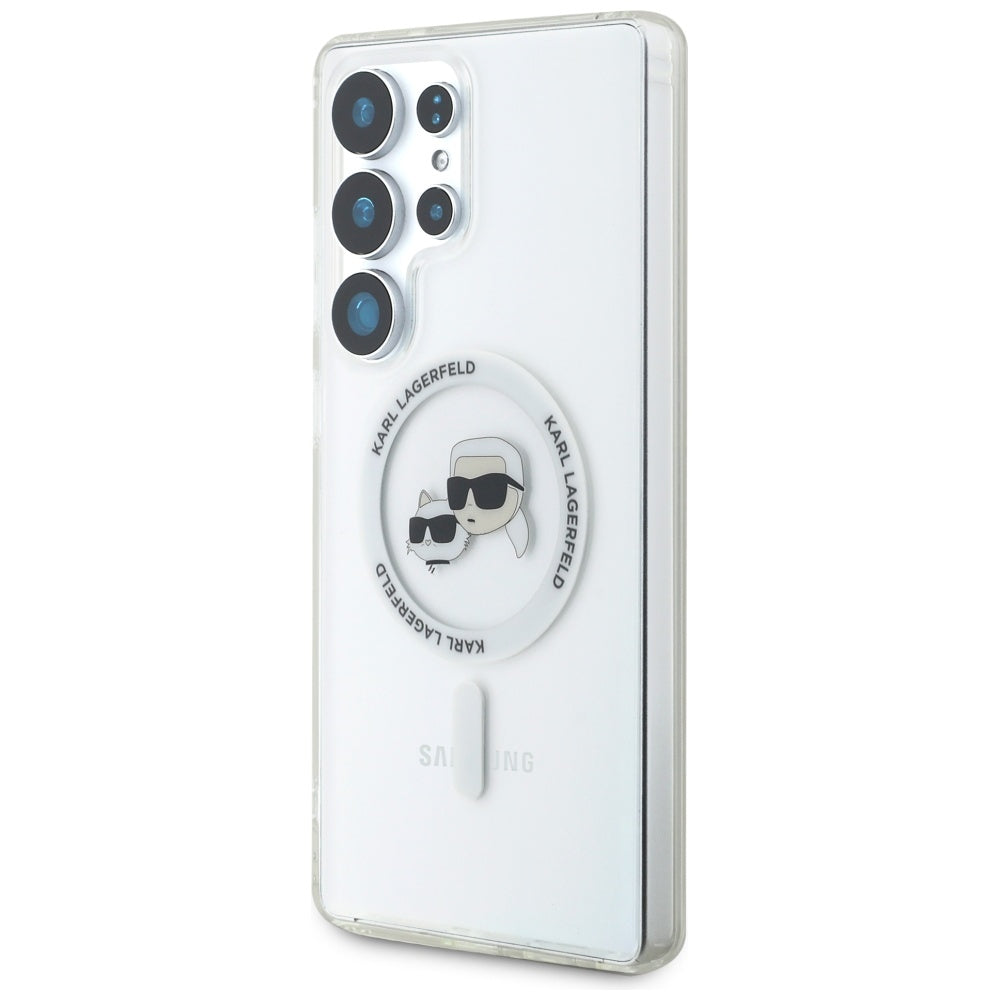Karl Lagerfeld Button Karl & Choupette Heads Printed Logo MagSafe dėklas, skirtas Samsung Galaxy S25 Ultra, baltas --...