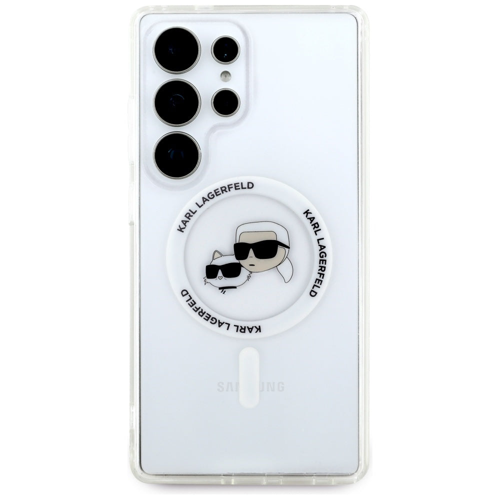 Karl Lagerfeld Button Karl & Choupette Heads Printed Logo MagSafe dėklas, skirtas Samsung Galaxy S25 Ultra, baltas --...