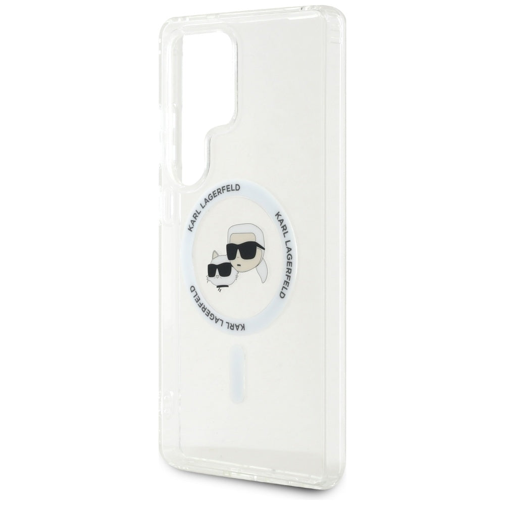 Karl Lagerfeld Button Karl & Choupette Heads Printed Logo MagSafe dėklas, skirtas Samsung Galaxy S25 Ultra, baltas --...