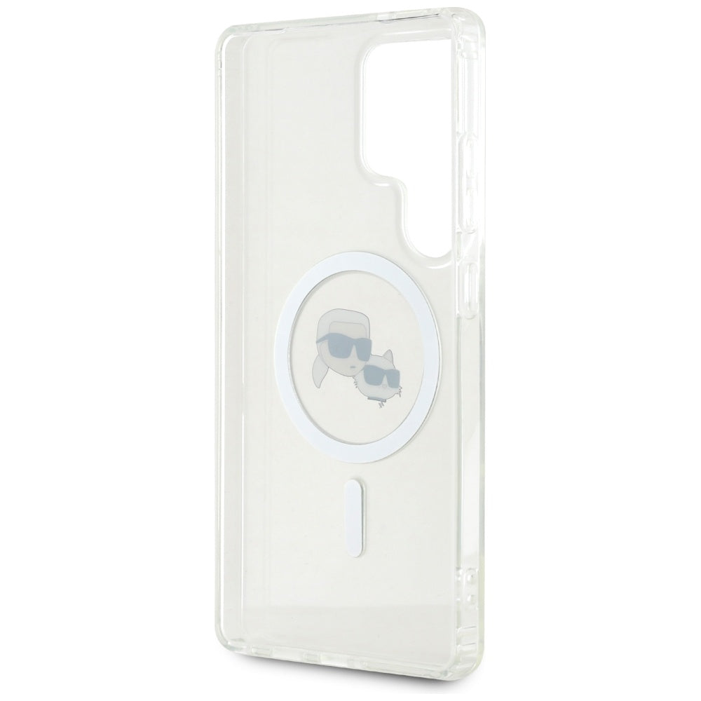 Karl Lagerfeld Button Karl & Choupette Heads Printed Logo MagSafe dėklas, skirtas Samsung Galaxy S25 Ultra, baltas --...