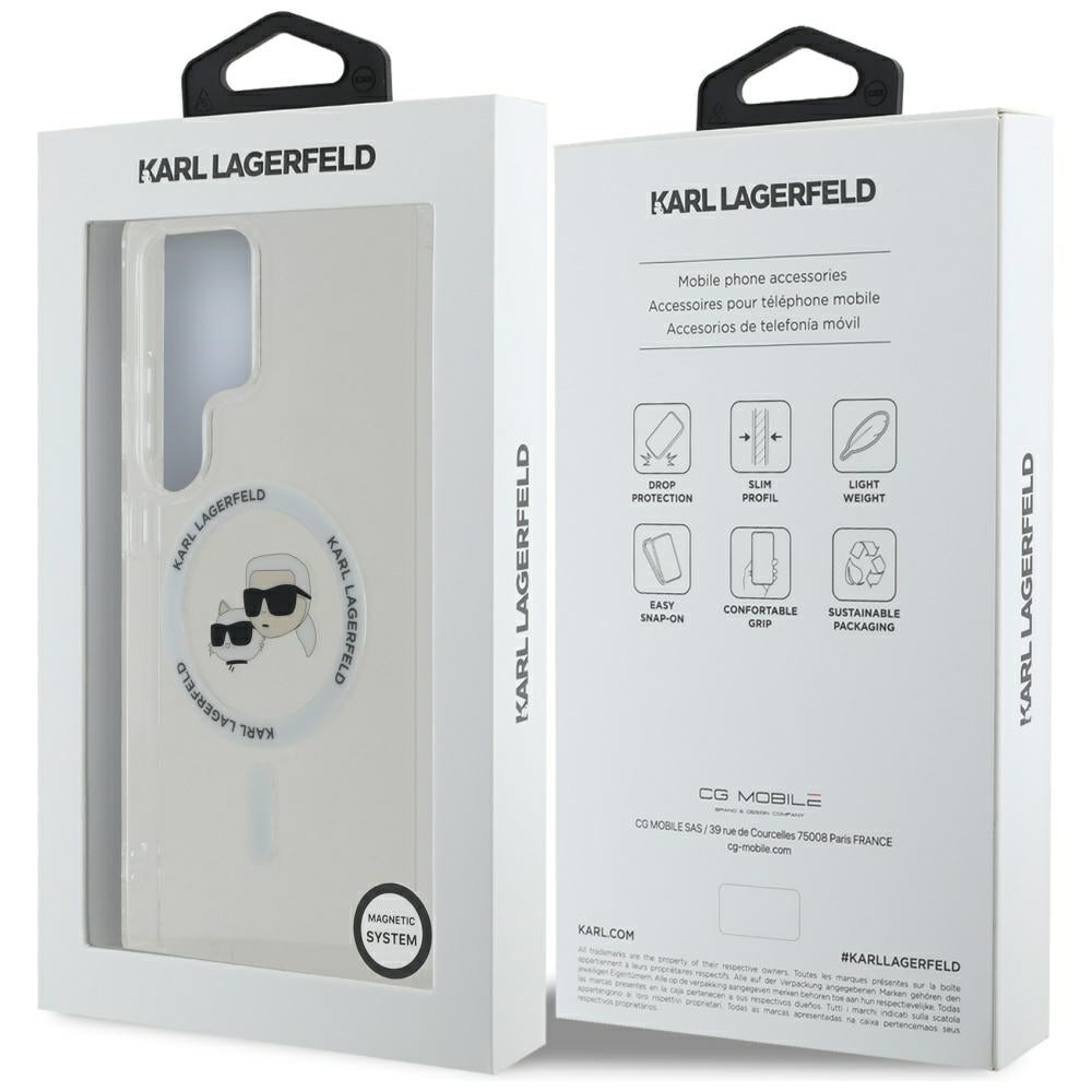 Karl Lagerfeld Button Karl & Choupette Heads Printed Logo MagSafe dėklas, skirtas Samsung Galaxy S25 Ultra, baltas --...