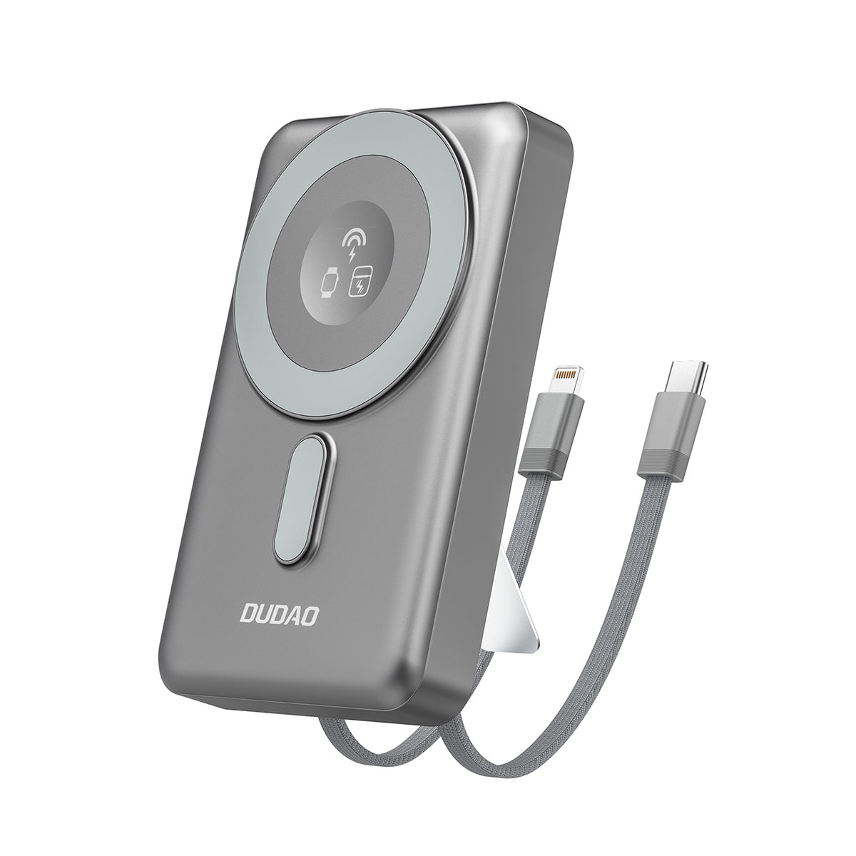 Dudao išorinė baterija K29 10000mAh PD 20W MagSafe su metaliniu korpusu, stovu ir integruotais USB-C/Lightning laidais - pilkas