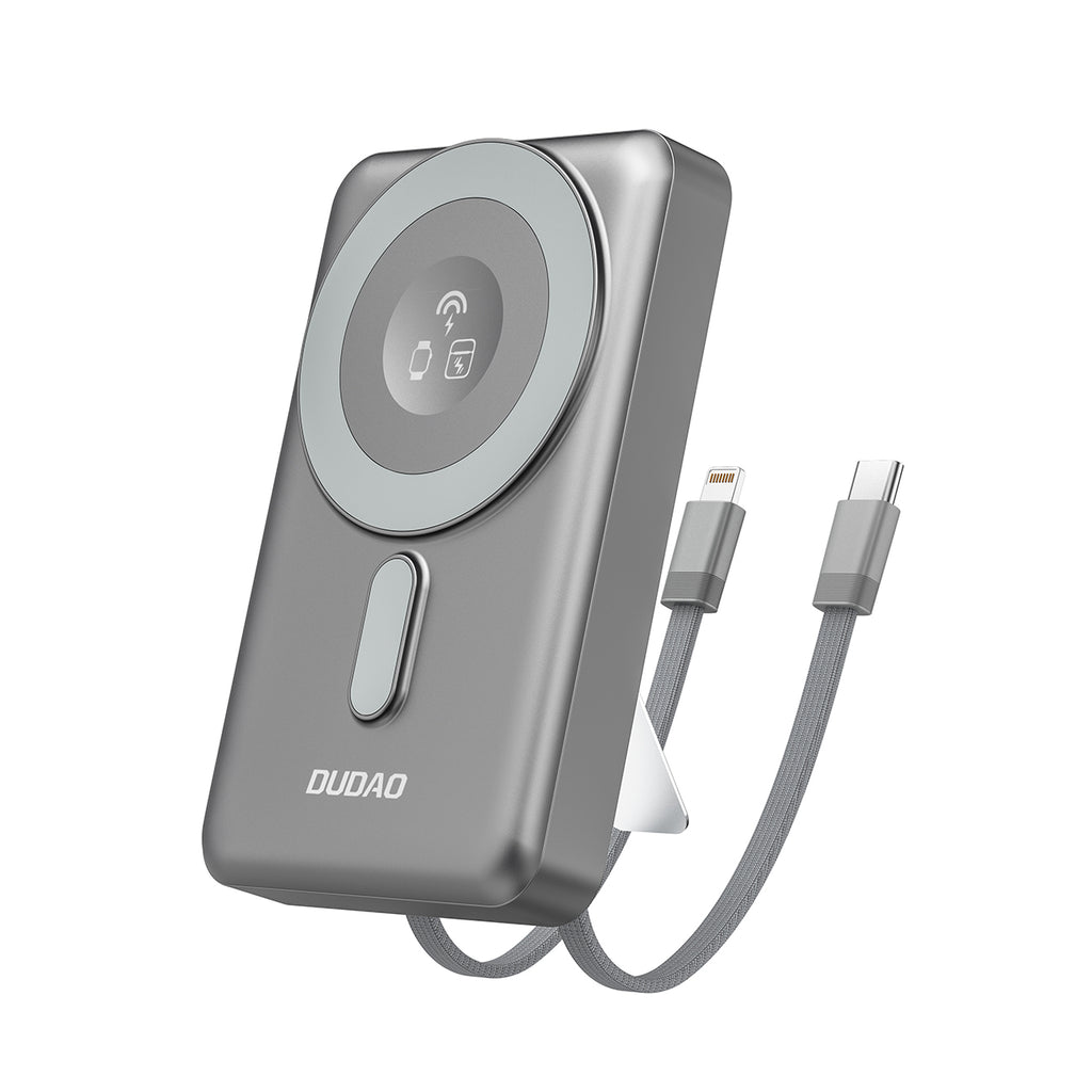 Dudao išorinė baterija K29 10000mAh PD 20W MagSafe su metaliniu korpusu, stovu ir integruotais USB-C/Lightning laidais - pilkas
