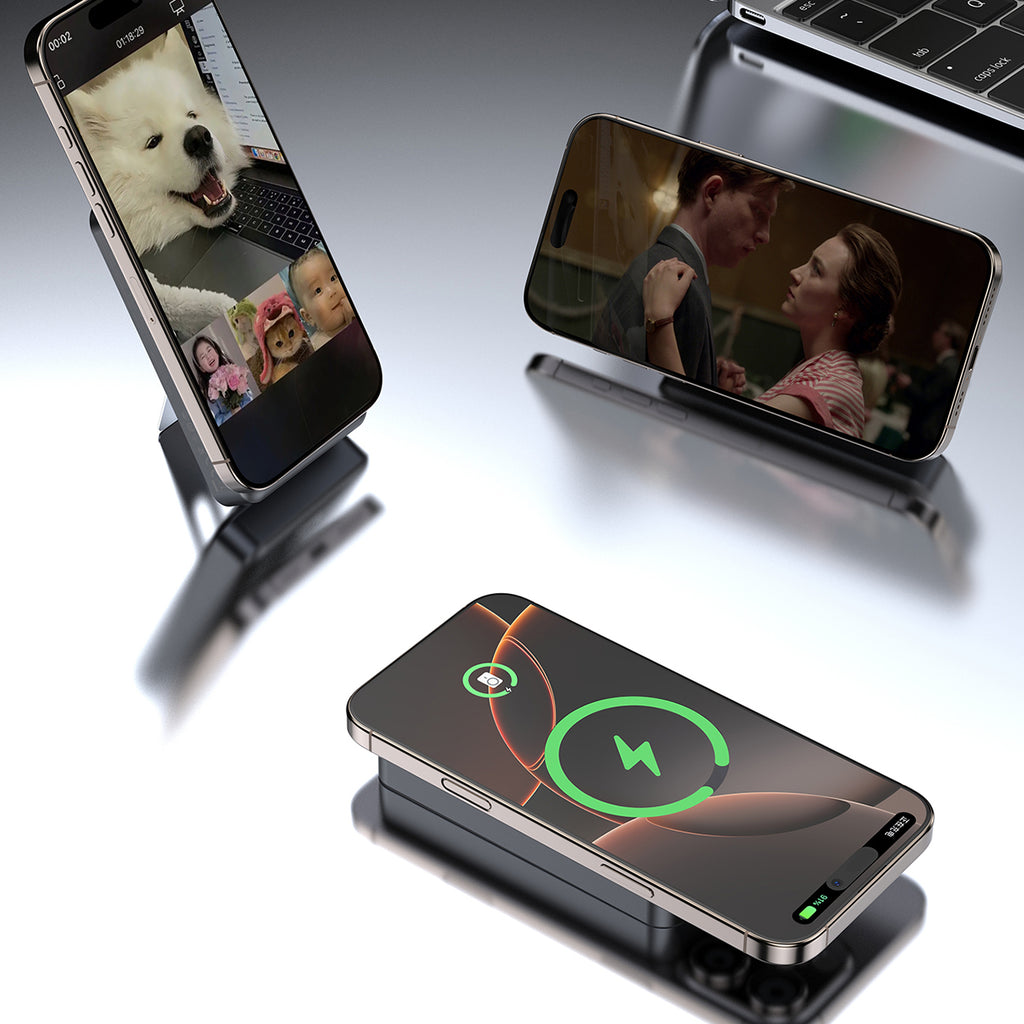 Dudao išorinė baterija K29 10000mAh PD 20W MagSafe su metaliniu korpusu, stovu ir integruotais USB-C/Lightning laidais - pilkas