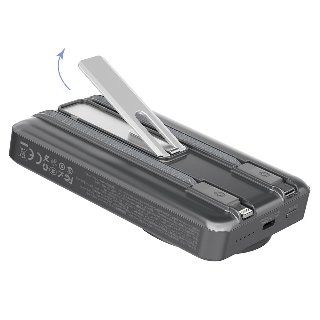 Dudao išorinė baterija K29 10000mAh PD 20W MagSafe su metaliniu korpusu, stovu ir integruotais USB-C/Lightning laidais - pilkas