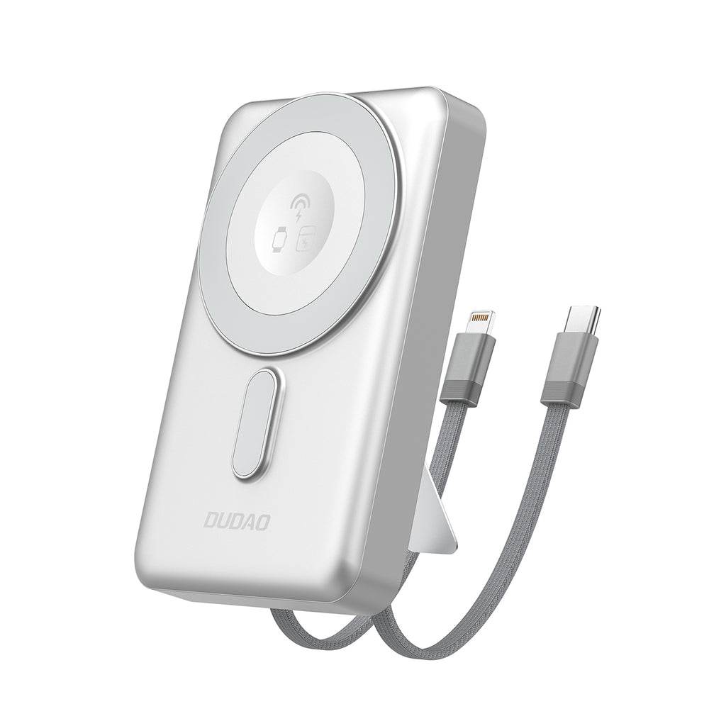 Dudao išorinė baterija K29 10000mAh PD 20W MagSafe su metaliniu korpusu, stovu ir integruotais USB-C/Lightning laidais - sidabrinis